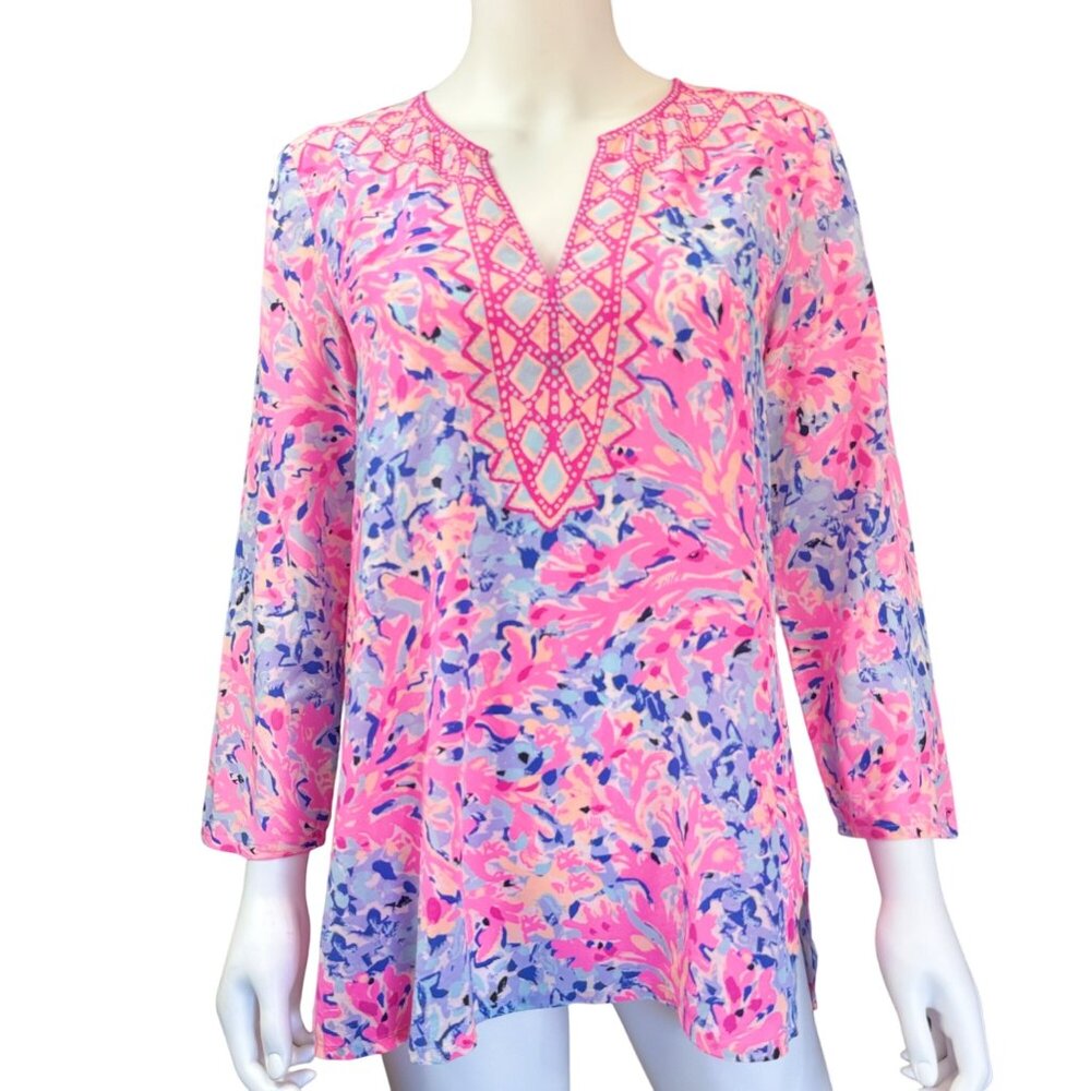 Lilly Pulitzer Womens 100% Silk Tunic Small Pink Blue Floral Print Long Sleeve